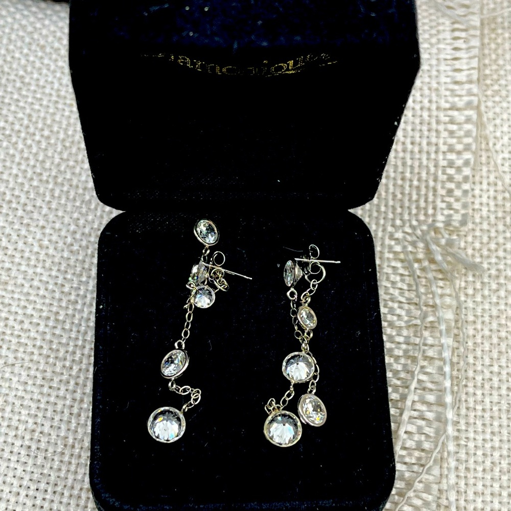 Vintage 14k White Gold Diamonique Dangle Earrings - 2.9g, 1.75”
